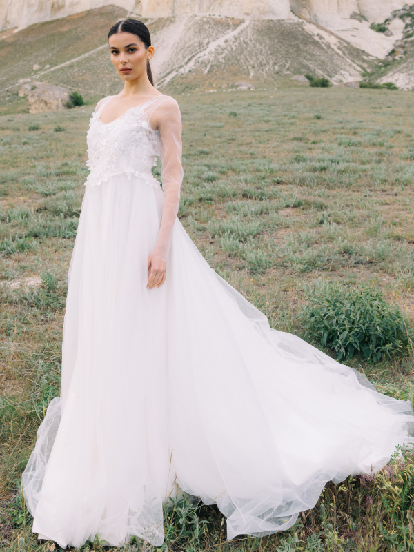 Ariadne Long-Sleeve A-Line Wedding Gown in Milk
