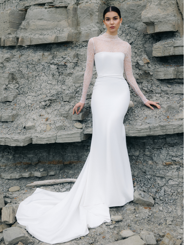 Athena Crepe Mermaid Wedding Gown with Lace Bodysuit in Milk