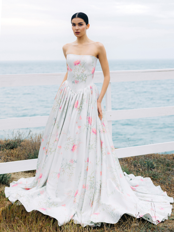 Aurora Printed Satin Ball Gown with Train in Multicolor