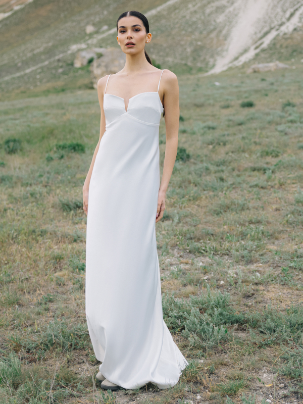 Callisto Minimalist Satin Slip Wedding Dress with Straps in Milk