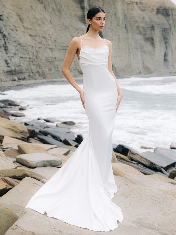 Dementor Draped Satin Mermaid Wedding Gown with Lace Corset in Milk