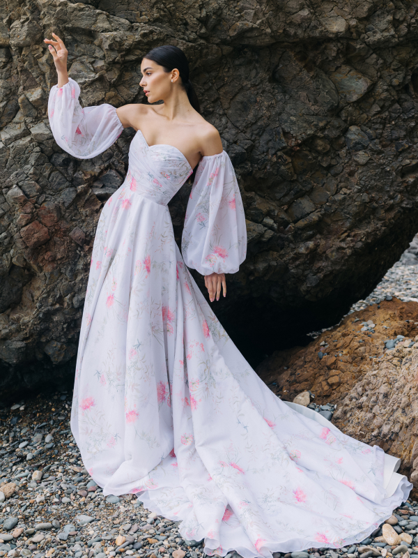 Diana Draped Chiffon Wedding Gown with Transformable Sleeves in Multicolor