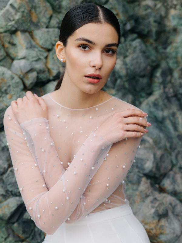 Electro Embellished Mesh Bodysuit with Pearls and Crystals in White-Beige