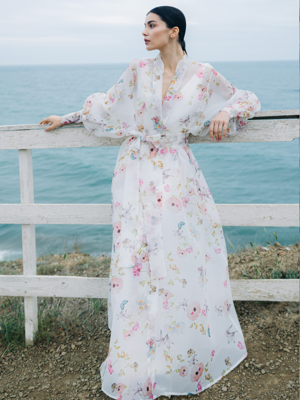 Erato Organza Bridal Cape with Puff Sleeves and Front Buttons in White