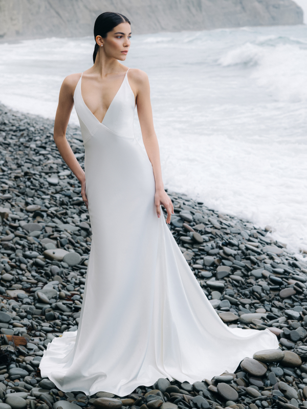Gaia Minimalist silk satin mermaid wedding dress with train