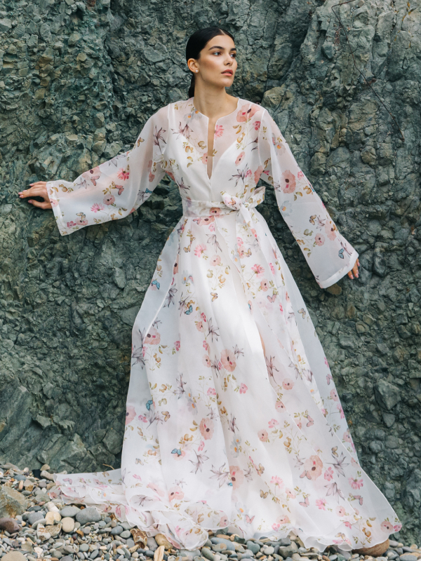 Harmony Floral bridal robe with train