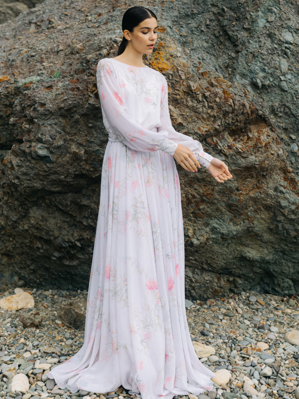 Luna Chiffon Bridal Gown with Long Sleeves, 2 in 1 with Slip Dress